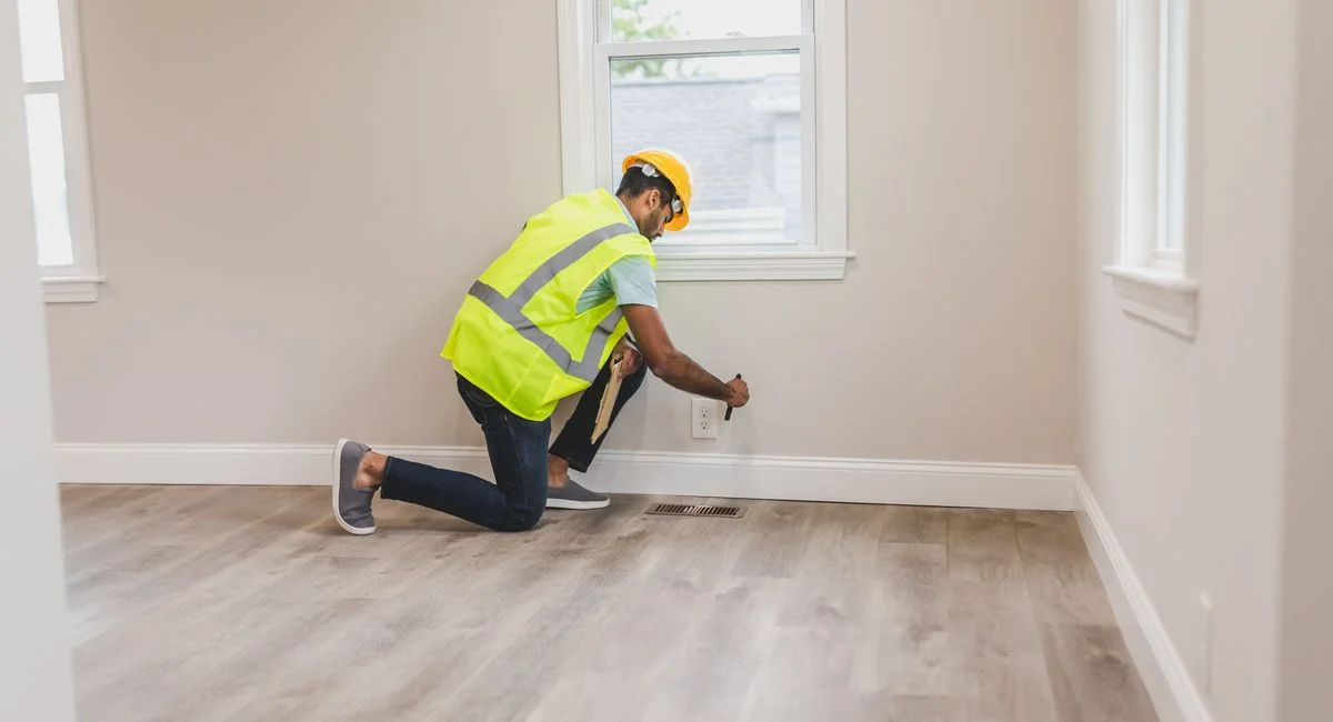 A home inspector in high visibility vest examines an electrical outlet in a modern room.