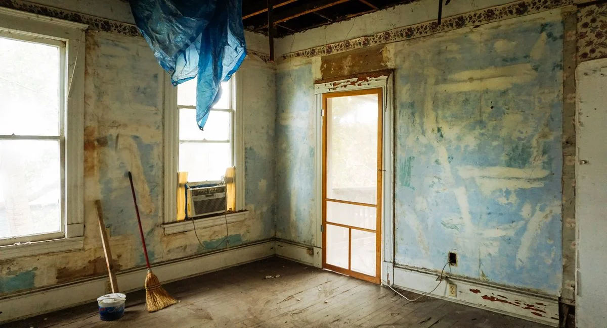 An empty room in an abandoned house with peeling walls and construction tools.