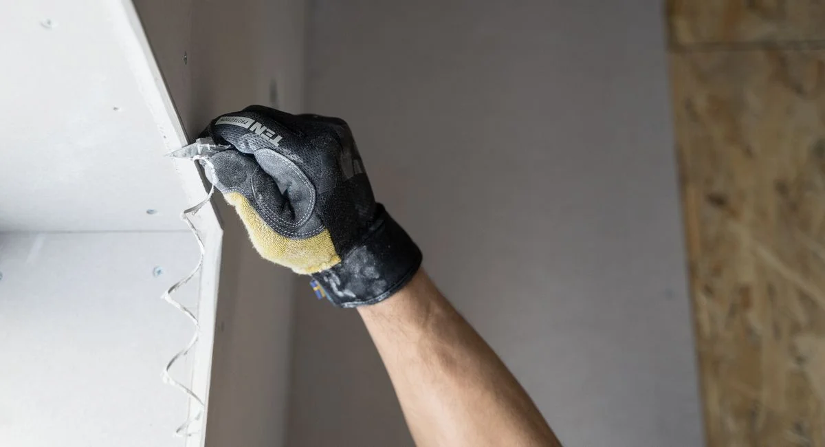 Close-up of a gloved hand applying plaster to a wall indoors in Falun, Sweden.