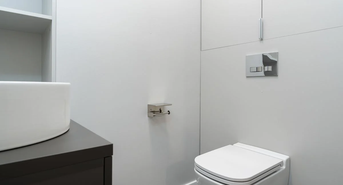 Sleek minimal bathroom showcasing a modern wall-mounted toilet and basin.