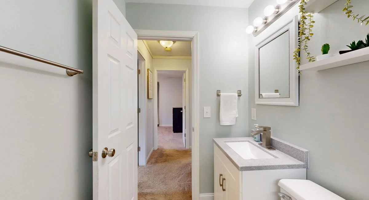 Bright and modern bathroom interior with sleek fixtures and natural decor.