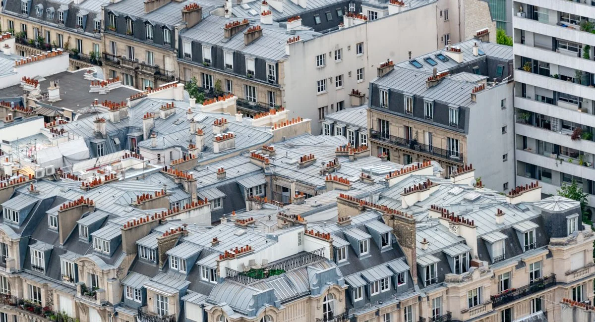 Aerial view of classic Paris rooftops showcasing urban architecture and detailed designs.