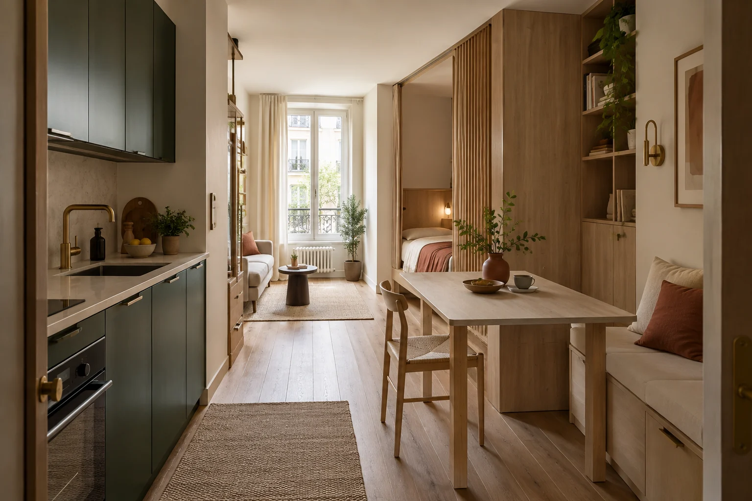 Après rénovation : studio lumineux avec cuisine verte, rangements en bois et coin nuit