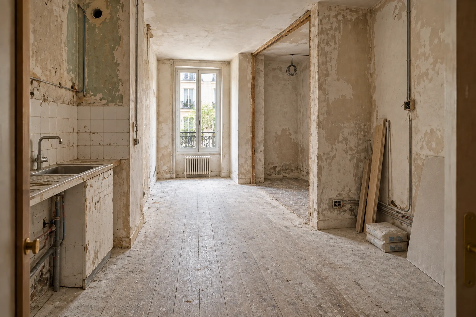 Avant rénovation : le même studio vide, aux murs décapés et réseaux apparents